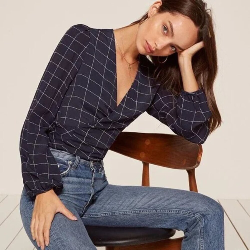 Reformation Navy Checkered Blouse